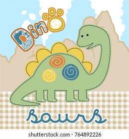 Funny dinosaur cartoon vector on volcanoes background