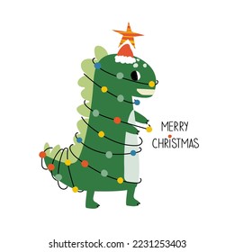 Funny dinosaur with Christmas garland. Winter holiday graphic. Vector hand drawn illustration.