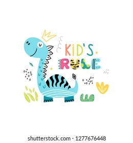 Funny dinosaur in a crown with flowers and the inscription - kids rule, isolated on a white background. Illustration for children.