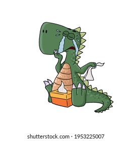 Funny Dinosaur crying.Children's vector design on a white isolated background for banners and postcards.