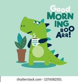 Funny dinosaur with cup of coffee