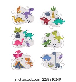 Funny Dinosaur as Cute Prehistoric Creature and Comic Jurassic Predator Vector Composition Set