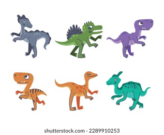 Funny Dinosaur as Cute Prehistoric Creature and Comic Jurassic Predator Vector Set
