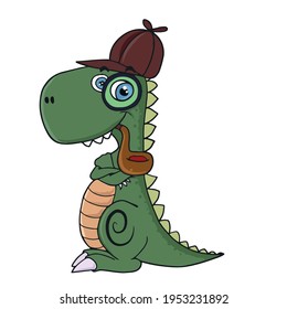 Funny Dinosaur detective with a pipe in his mouth and a cute hat .Children's vector design on a white isolated background for banners and postcards.