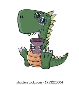 Funny Dinosaur drinking cocktail .Children's vector design on a white isolated background for banners and postcards.
