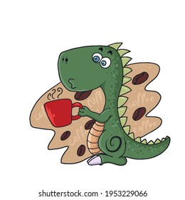 Funny Dinosaur drinking coffee .Children's vector design on a white isolated background for banners and postcards.