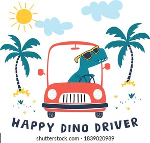 A Funny Dinosaur Driving Car Vector Illustration For Kids Apparels