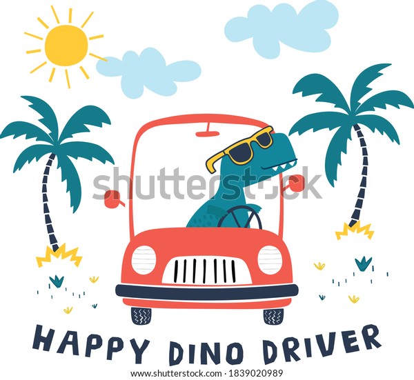 A Funny Dinosaur Driving Car Vector Illustration\
For Kids Apparels