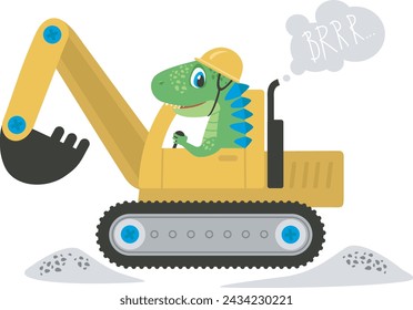 Funny dinosaur driving excavator. Digging Dino character.  Flat vector illustration for t shirt prints