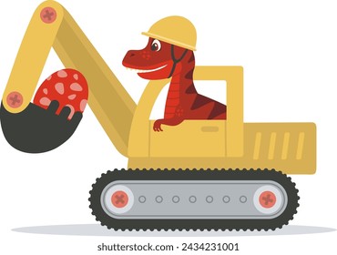 Funny dinosaur driving excavator. Digging Dino character.  Flat vector illustration for t shirt prints