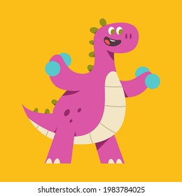 Funny dinosaur with dumbbells vector cartoon character isolated on background.