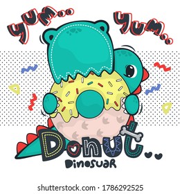 Funny dinosaur eating a big donut on polka dot background illustration vector, Typography design for kids.