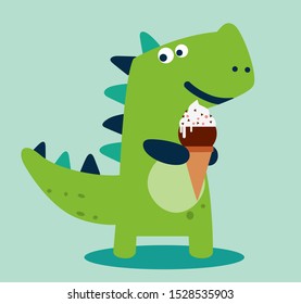 Funny dinosaur eating ice cream