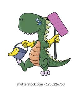 A funny Dinosaur is engaged in cleaning .Children's vector design on a white isolated background for banners and postcards.