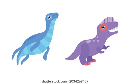 Funny Dinosaur with Flipper and Purple Skin as Cute Prehistoric Creature and Comic Jurassic Predator Vector Set
