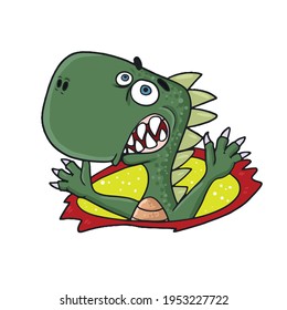 Funny Dinosaur in a fright .Children's vector design on a white isolated background for banners and postcards.
