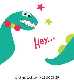 Funny dinosaur goes on holiday and can not catch his tail. Children's fashion, textiles, postcards and books. Vector illustration