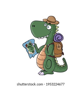 A funny dinosaur is going on a journey .Children's vector design on a white isolated background for banners and postcards.