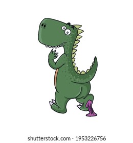 Funny Dinosaur got stuck in the gum .Children's vector design on a white isolated background for banners and postcards.