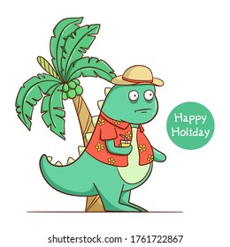 funny dinosaur and happy holiday with coconut tree