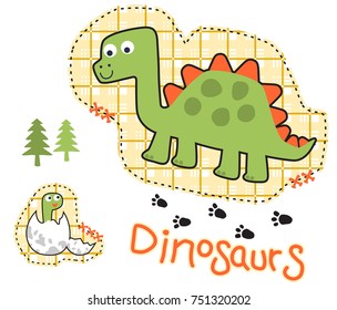 Funny dinosaur with its hatched egg, cartoon vector illustration