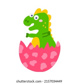 Funny dinosaur hatched from an egg, vector flat illustration in hand drawn style