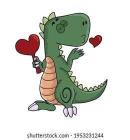 A funny dinosaur with a heart sign makes an air kiss.Children's vector design on a white isolated background for banners and postcards.