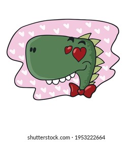A funny Dinosaur with hearts in its eyes .Children's vector design on a white isolated background for banners and postcards.