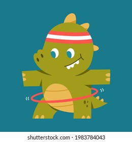 Funny dinosaur with hula hoop vector cartoon character isolated on background.