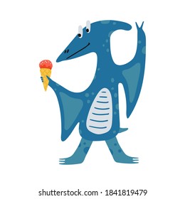 Funny dinosaur and ice cream in cartoon style isolated white background  Bright cute animal characters for kids  Vector illustration