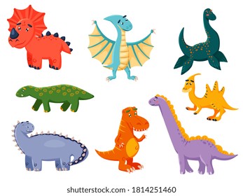 Funny dinosaur. Kawai monster collection. Colorful dinosaurs cartoon character illustration. Prehistoric cute dino different kind. Funny animal of jurassic era vector icon set isolated on white