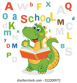 Funny Dinosaur Learn To Read Book And Colored Letters On A White Background. Cartoon School Vector Illustrations.