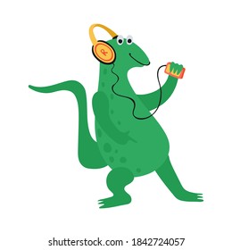Funny dinosaur listens to music with headphones in cartoon style isolated on a white background. Bright cute animal characters for kids. Vector illustration