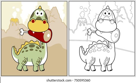 Funny dinosaur with meat in its mouth on volcanoes background, vector cartoon illustration, coloring book or page