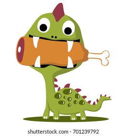 Funny dinosaur with meat in it mouth, vector cartoon illustration