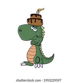 Funny Dinosaur is not happy with a cake on his head .Children's vector design on a white isolated background for banners and postcards.