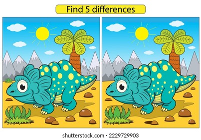 Funny dinosaur on the background of mountains find differences