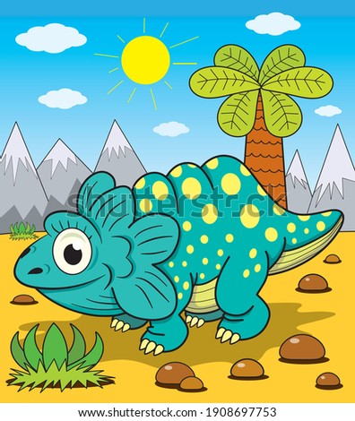 Funny dinosaur on the background of wildlife 