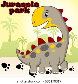 Funny dinosaur on palm tree background, vector cartoon illustration