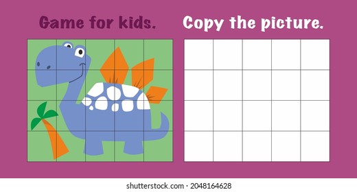 Funny dinosaur and palm tree. Copy the picture. Educational game for children. Cartoon vector illustration.
