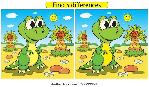 Funny dinosaur with palm tree find differences