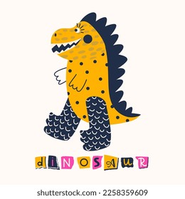 Funny dinosaur with paper cut pieces. Childish collage from different shapes with textures. Vector flat illustration for design of greeting and event cards, posters, postcards