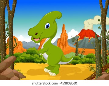 funny Dinosaur Parasaurolophus cartoon with forest landscape background