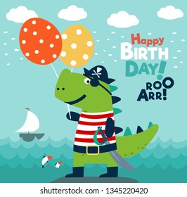 Funny dinosaur in pirate costume with balloons. Happy birthday vector illustration