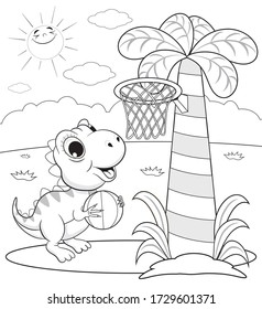 Funny Dinosaur Is Playing Basketball. Coloring For Children.