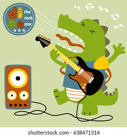 Funny dinosaur playing guitar, vector cartoon illustration