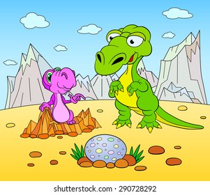 Funny dinosaur in a prehistoric landscape. Cartoon and vector isolated character on background.