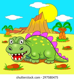 Funny dinosaur in a prehistoric landscape. Cartoon and vector isolated character on background.