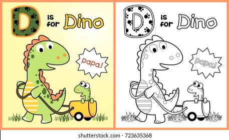 Funny dinosaur pulling its cub with cart, vector cartoon illustration, coloring page or book