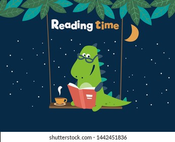 Funny dinosaur reads a book on swing